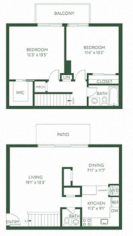 Floor plan for 2 beds, 1.5 baths, 1270 sqft